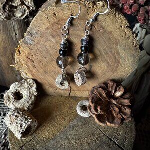 Smokey Quartz, Obsidian with Crinoid Dangle Earrings